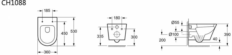 Bản vẽ kỹ thuật Bồn cầu treo tường Elimen - Mã CH1088-305
