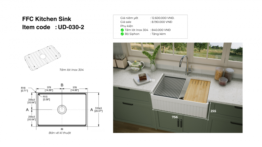 Chậu rửa bát bằng sứ cao cấp FFC Mã UD-030-2